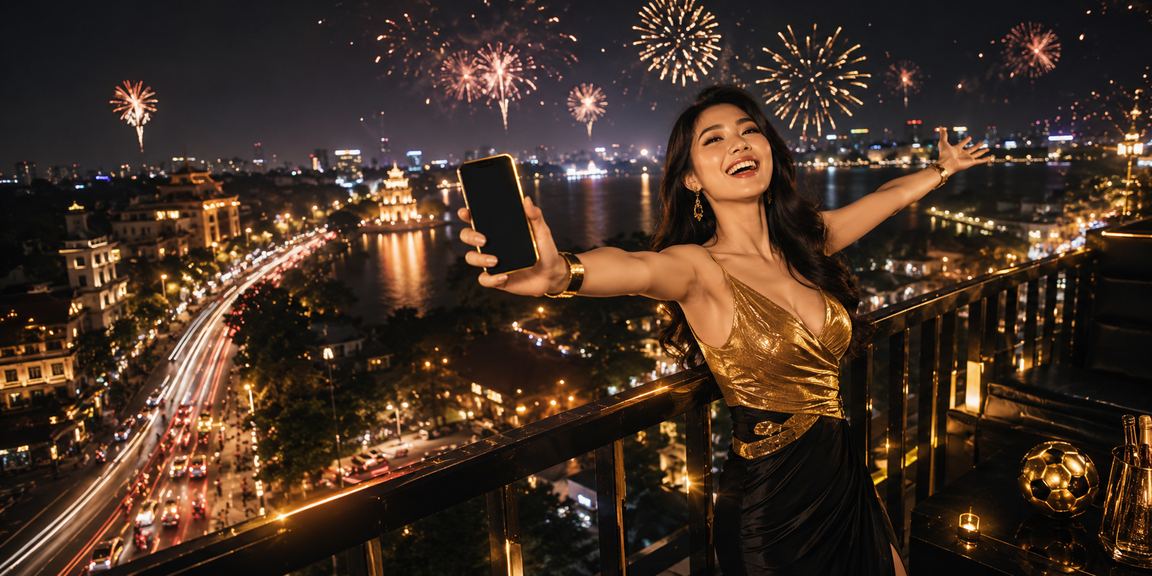 Người chơi trải nghiệm casino trực tuyến trên điện thoại trong đêm Hà Nội neon rực rỡ